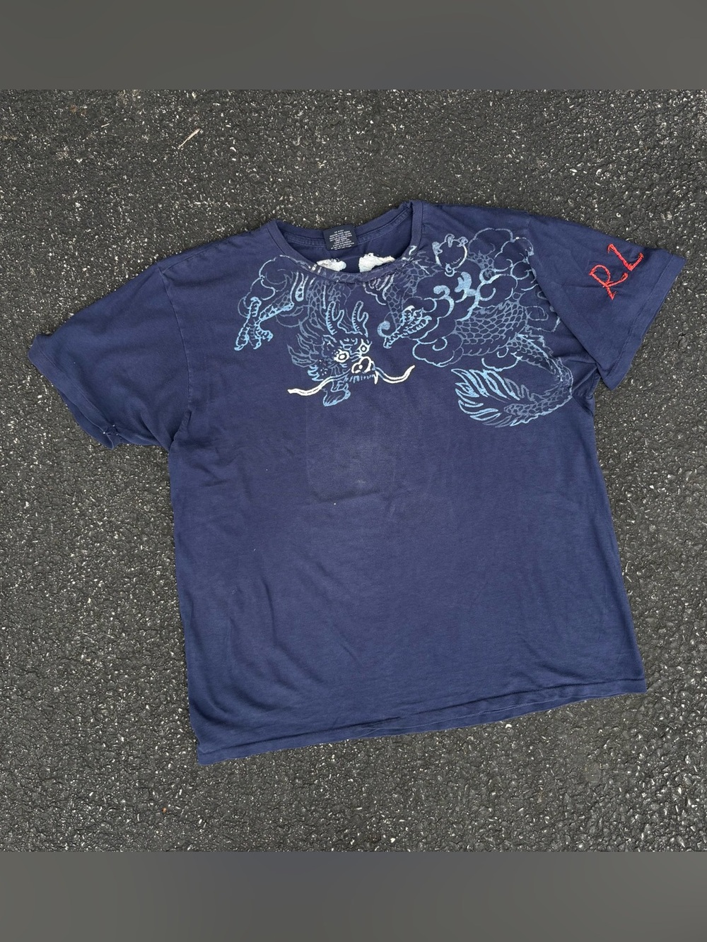 Vintage Polo Ralph Lauren Dragon Dark Blue Embroidered T-Shirt Size L Rare USA